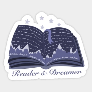 Reader and dreamer dark blue book design with mountains and night sky panorama Sticker